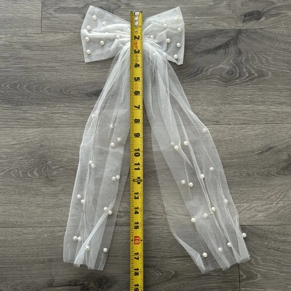 Women’s White Tulle Veil Hair Bow Clip with Faux Pearls Bridal Wedding Lulu’s